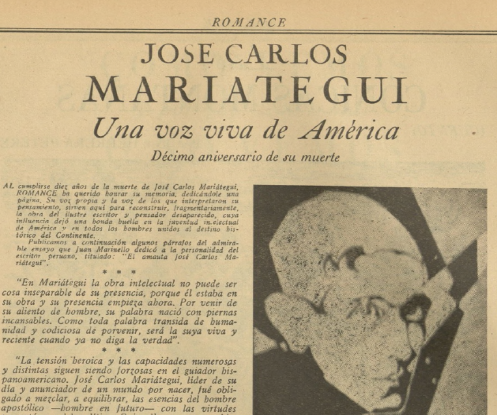 “(Mariátegui, una voz viva de América”, Romance. Revista popular hispanoamericana, México, D. F., 15 de abril de 1940, año I, núm. 6, p. 6.)